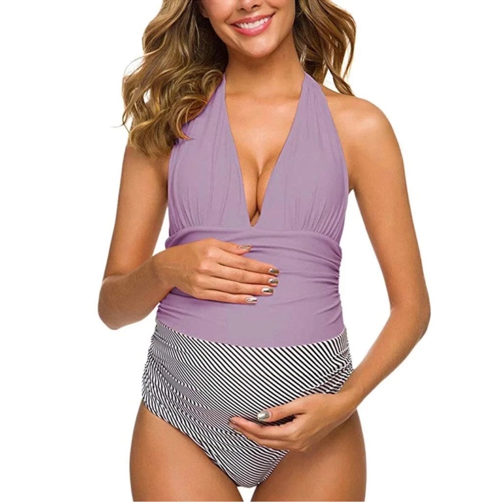 Cupshe Style Maternity Halter Tie One Piece Swimsuit Sz M lavender/Black Stripe